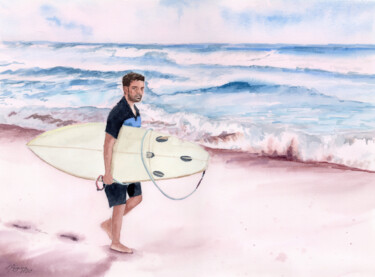 Painting titled "Surfer" by Elena Poigina, Original Artwork, Watercolor