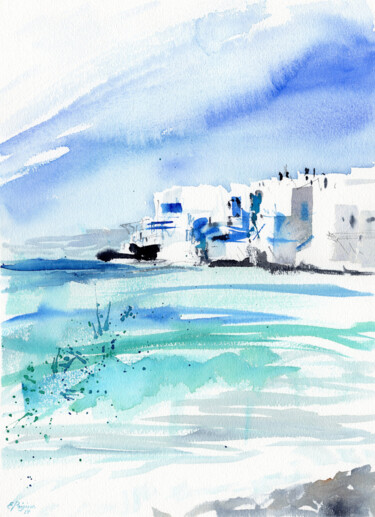 Peinture intitulée "Greece. Turquoise s…" par Elena Poigina, Œuvre d'art originale, Aquarelle