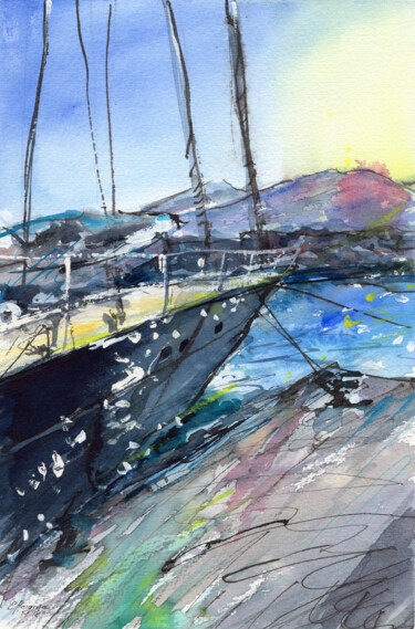 Peinture intitulée "Yacht on the marina…" par Elena Poigina, Œuvre d'art originale, Aquarelle