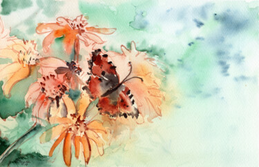 Painting titled "Butterfly on a flow…" by Elena Poigina, Original Artwork, Watercolor