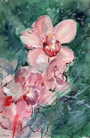 Painting titled "Orchids" by Elena Poigina, Original Artwork, Watercolor