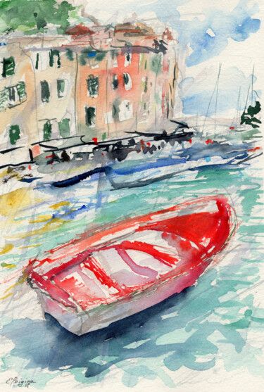 Painting titled "Italy. Red boat on…" by Elena Poigina, Original Artwork, Watercolor