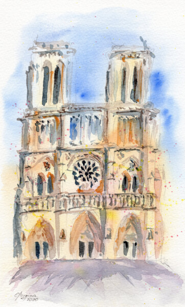Painting titled "Notre Dame Cathedral" by Elena Poigina, Original Artwork, Watercolor