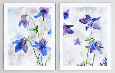 Schilderij getiteld "Blue flowers - wate…" door Elena Poigina, Origineel Kunstwerk, Aquarel