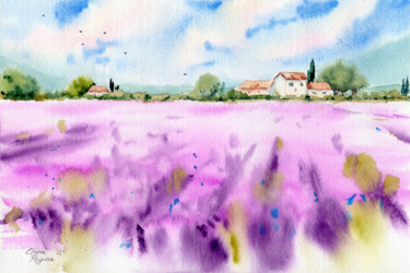 Schilderij getiteld "Provence, lavender…" door Elena Poigina, Origineel Kunstwerk, Aquarel