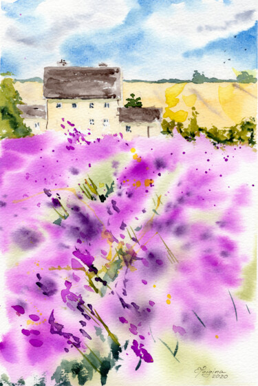 Painting titled "Lavender field #2" by Elena Poigina, Original Artwork, Watercolor