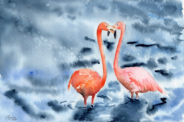 Pintura intitulada "Flamingos. Love sto…" por Elena Poigina, Obras de arte originais, Aquarela