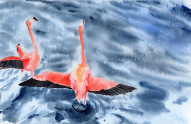 Peinture intitulée "Flamingos song" par Elena Poigina, Œuvre d'art originale, Aquarelle