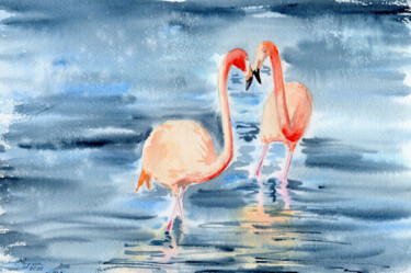 Painting titled "Flamingos. Dance" by Elena Poigina, Original Artwork, Watercolor