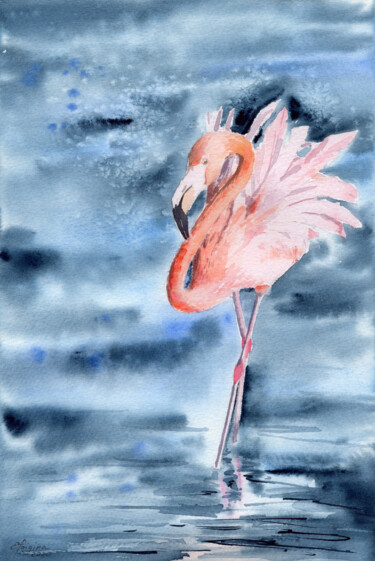 Painting titled "Flamingo ballerina" by Elena Poigina, Original Artwork, Watercolor