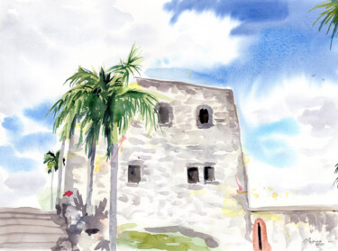Painting titled "Palm trees and anci…" by Elena Poigina, Original Artwork, Watercolor