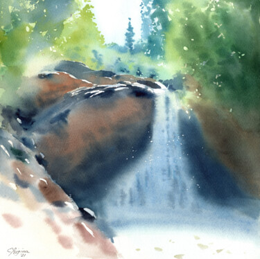 Painting titled "Waterfall in the fo…" by Elena Poigina, Original Artwork, Watercolor