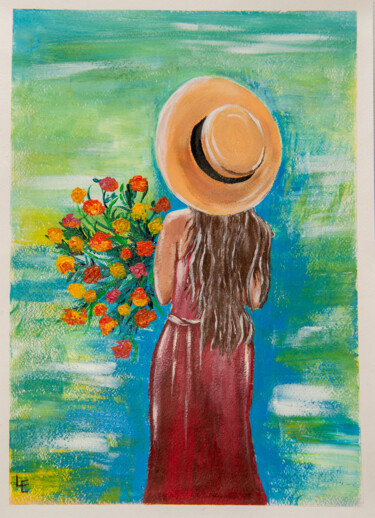 Painting titled "GIRL WITH A BOUQUET…" by Elena Polak, Original Artwork, Acrylic