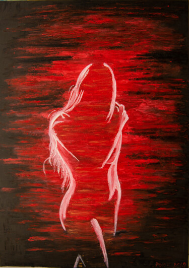Painting titled "Red and black silho…" by Elena Polak, Original Artwork, Oil Mounted on Wood Stretcher frame