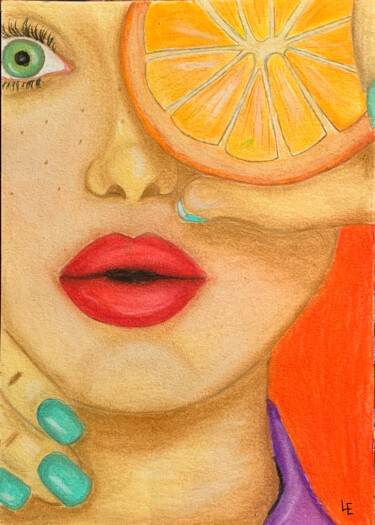Drawing titled "Woman face orange p…" by Elena Polak, Original Artwork, Pastel