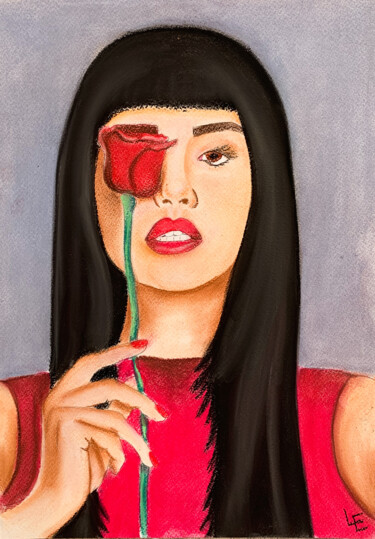 Desenho intitulada "Asian girl in red d…" por Elena Polak, Obras de arte originais, Pastel