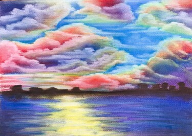 Drawing titled "Beautiful sunset la…" by Elena Polak, Original Artwork, Pastel