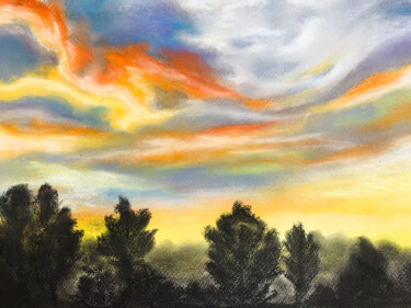 Zeichnungen mit dem Titel "Sunset in the fores…" von Elena Polak, Original-Kunstwerk, Pastell