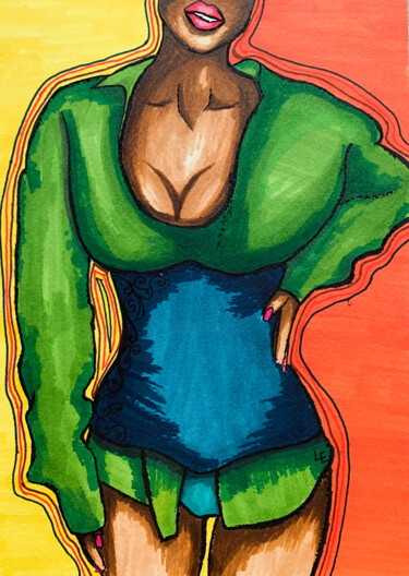 Disegno intitolato "Sexy African girl w…" da Elena Polak, Opera d'arte originale, Pennarello