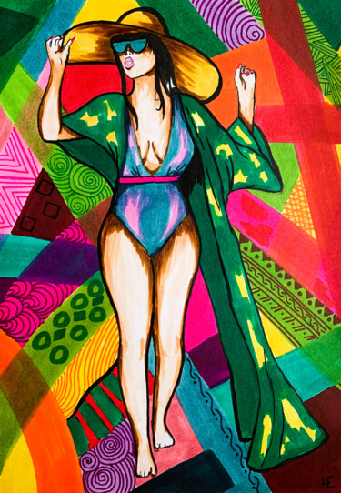 Pintura intitulada "Sexy lady in swimsu…" por Elena Polak, Obras de arte originais, Marcador