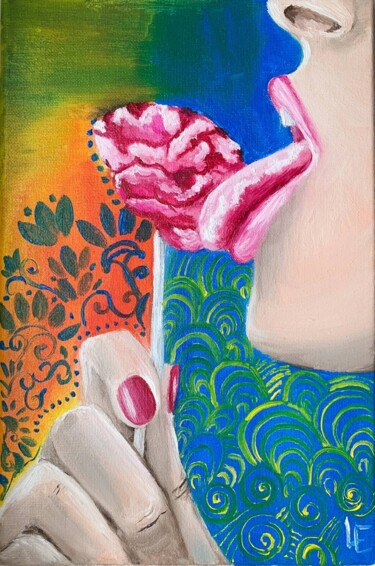 「Sexy lips and brain…」というタイトルの絵画 Elena Polakによって, オリジナルのアートワーク, オイル ウッドストレッチャーフレームにマウント