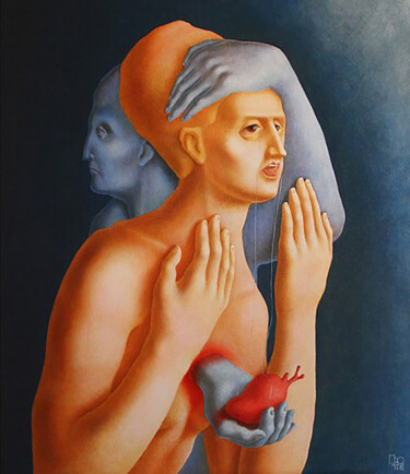 Painting titled "Strange Heart" by Elena Pronkina, Original Artwork, Oil Mounted on Wood Stretcher frame