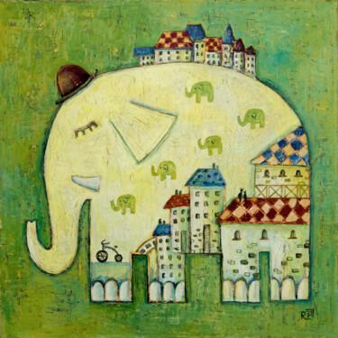 Painting titled "Elephant in the City" by Елена Разина, Original Artwork, Acrylic Mounted on Wood Stretcher frame