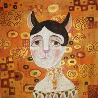 Painting titled "Сон кошки Климта" by Elena Razina, Original Artwork, Acrylic Mounted on Wood Stretcher frame