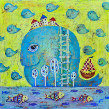 Картина под названием "Страна синих китов" - Елена Разина, Подлинное произведение искусства, Акрил Установлен на Деревянная…