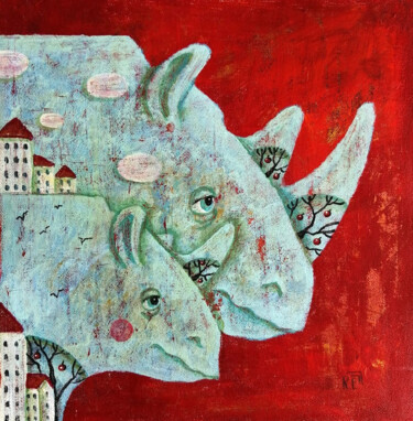 Картина под названием "Носороги" - Елена Разина, Подлинное произведение искусства, Акрил Установлен на Деревянная рама для н…