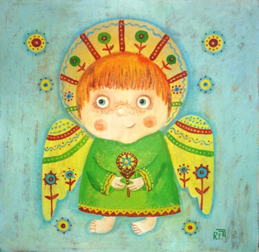 Картина под названием "Ангел Солнышко" - Елена Разина, Подлинное произведение искусства, Акрил Установлен на Деревянная рама…
