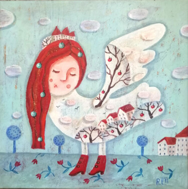 Картина под названием "Птица Счастья" - Елена Разина, Подлинное произведение искусства, Акрил Установлен на Деревянная рама…