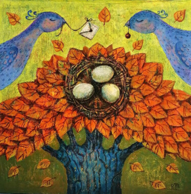 Картина под названием "Письмо для Синей пт…" - Елена Разина, Подлинное произведение искусства, Акрил Установлен на Деревянна…
