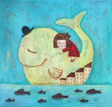 Картина под названием "Девочка и кит" - Елена Разина, Подлинное произведение искусства, Акрил Установлен на Деревянная рама…