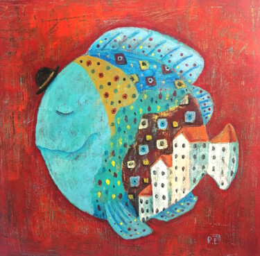 Картина под названием "Городская рыбка" - Елена Разина, Подлинное произведение искусства, Акрил Установлен на Деревянная рам…