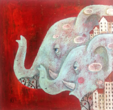 Painting titled "Два слона" by Elena Razina, Original Artwork, Acrylic Mounted on Wood Stretcher frame