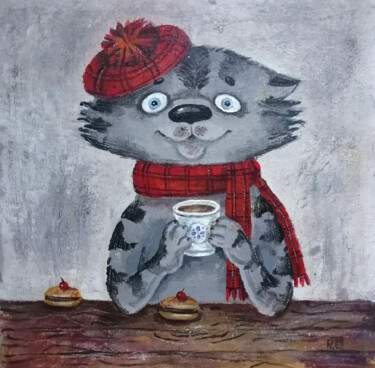 Картина под названием "Чай с печеньем" - Елена Разина, Подлинное произведение искусства, Акрил Установлен на Деревянная рама…