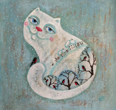 Schilderij getiteld "Снежный кот" door Elena Razina, Origineel Kunstwerk, Acryl Gemonteerd op Frame voor houten brancard