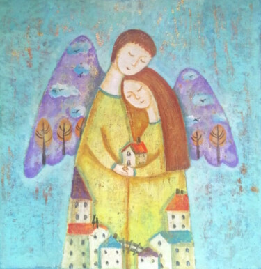 Malarstwo zatytułowany „Ангелы-Хранители” autorstwa Елена Разина, Oryginalna praca, Akryl Zamontowany na Drewniana rama noszy