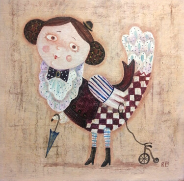 Schilderij getiteld "Птица счастья в сти…" door Elena Razina, Origineel Kunstwerk, Acryl Gemonteerd op Frame voor houten bra…