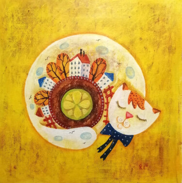 Ζωγραφική με τίτλο "Чай с лимоном" από Елена Разина, Αυθεντικά έργα τέχνης, Ακρυλικό Τοποθετήθηκε στο Ξύλινο φορείο σκελετό