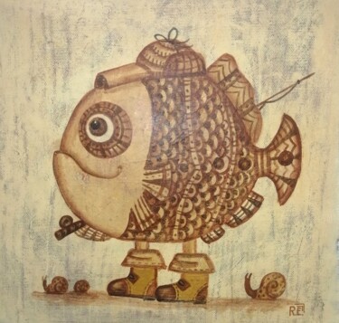 Картина под названием "Рыба Рыбак" - Елена Разина, Подлинное произведение искусства, Акрил Установлен на Деревянная рама для…
