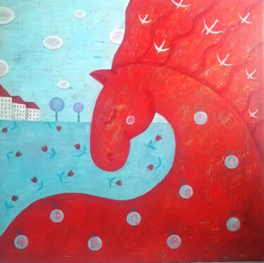 Peinture intitulée "Красный конь" par Elena Razina, Œuvre d'art originale, Acrylique Monté sur Châssis en bois
