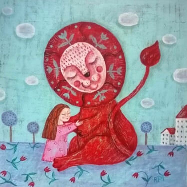 Картина под названием "My lion" - Елена Разина, Подлинное произведение искусства, Акрил Установлен на Деревянная рама для но…