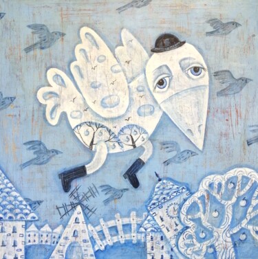 Malarstwo zatytułowany „White crow” autorstwa Елена Разина, Oryginalna praca, Akryl Zamontowany na Drewniana rama noszy