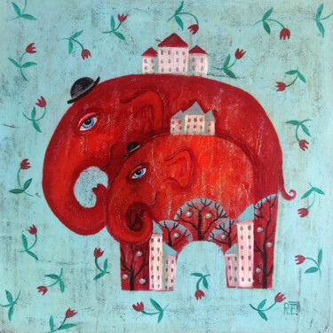 Pittura intitolato "Elephants for luck" da Elena Razina, Opera d'arte originale, Acrilico Montato su Telaio per barella in l…