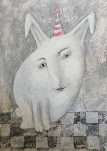 Peinture intitulée "Зайко-котик-человек" par Elena Razumkova, Œuvre d'art originale, Acrylique