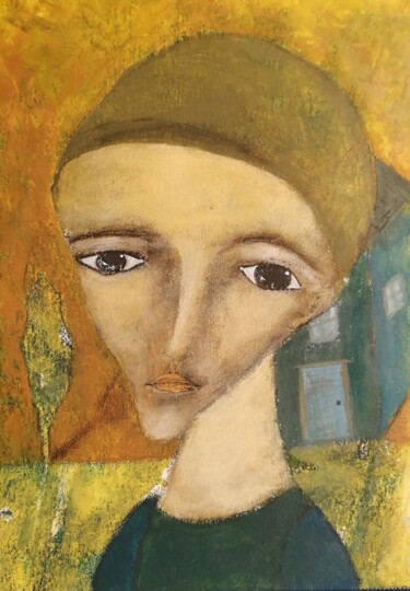 Painting titled "Селфи на фоне дома" by Elena Razumkova, Original Artwork, Acrylic