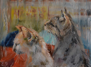 Painting titled "Cats. Rain." by Elena Reutova, Original Artwork, Oil Mounted on Wood Stretcher frame