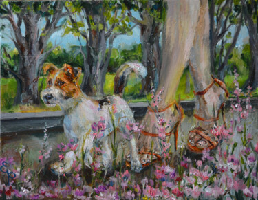 Painting titled "Jack Russell Terrie…" by Elena Reutova, Original Artwork, Oil Mounted on Wood Stretcher frame